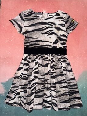 Molo Black & White Zebra-Print Short Sleeve Dress girls 98 104 3 4 organic